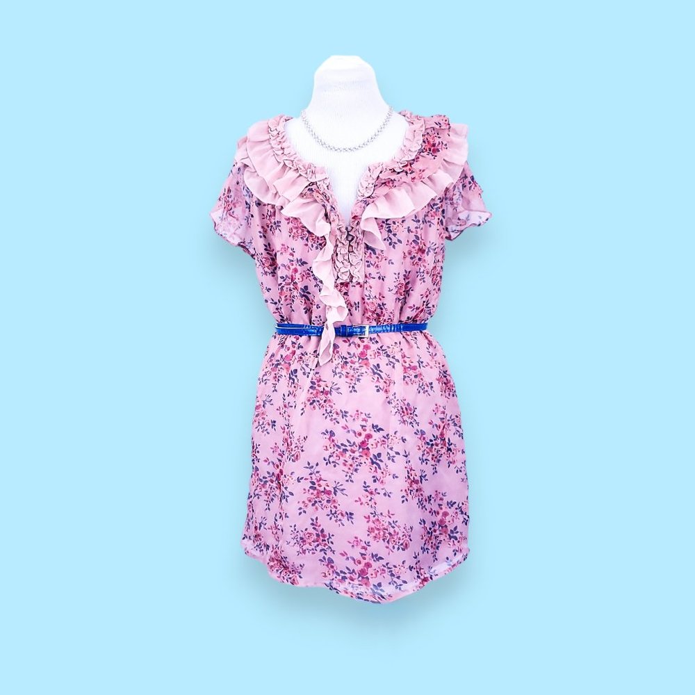 Ruffled Chiffon Floral Dress in Mauve S